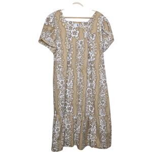 Vintage KY’s Hawaiian Maxi Dress 2XL Tan Hibiscus Floral Ruffle Flounce Hem Reso